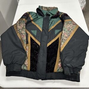 Casual Club Bomber Jacket Mens Large Black Green Paisley Velvet Vintage 90s C3